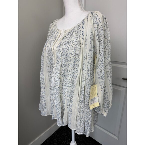 True Religion Womens Boho Top S Blue & White Trellis Print With Princess Seams - Picture 3 of 16